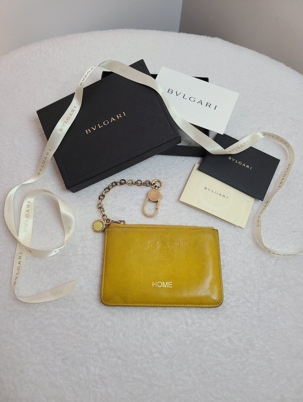 Auth BVLGARI Yellow Calfskin Leather Card Pouch with Gold Chain
